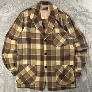 Vintage 50s Pendleton plaid Wool Jacket Leather Buttons Brown yellow/brown USA M